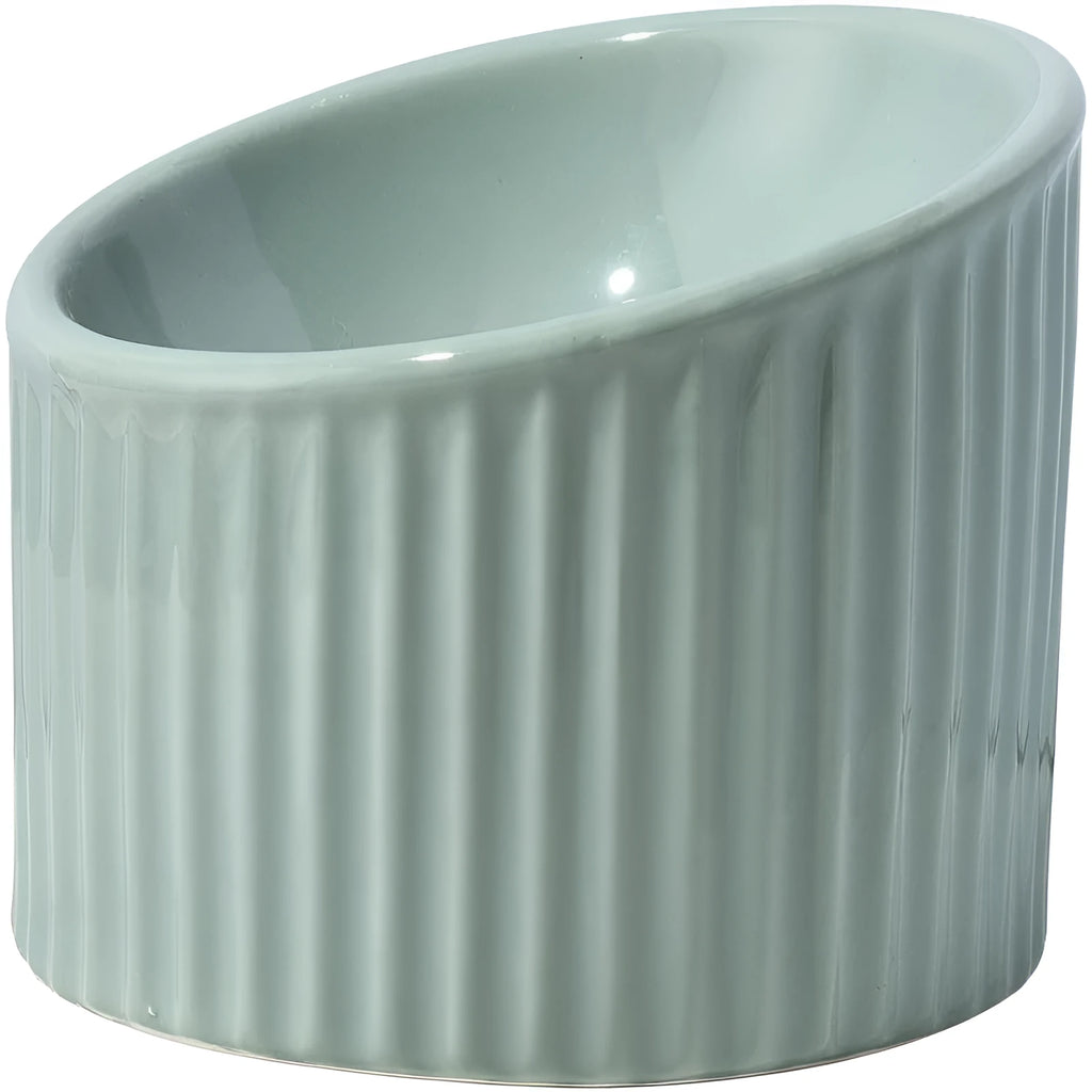 Elevated ceramic cat bowl in green colour showing raised design for feeding