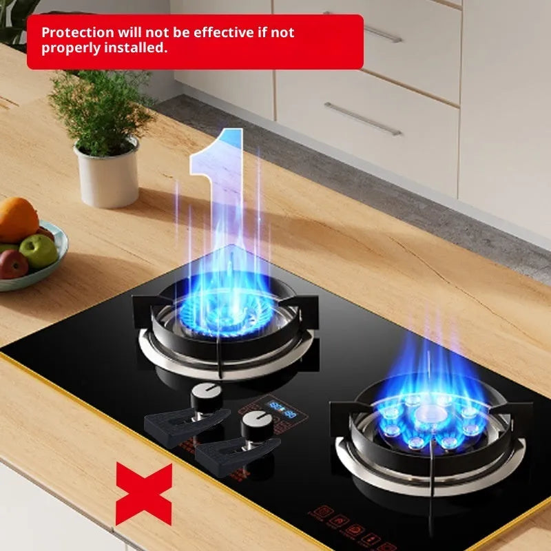 Gray plastic gas stove knob safety lock clipped onto a gas cooker knob showing side profile