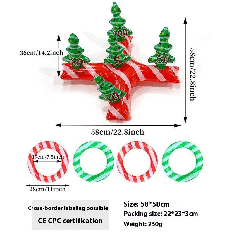 Large red and white inflatable Christmas ball with flashing lights standing in a garden.