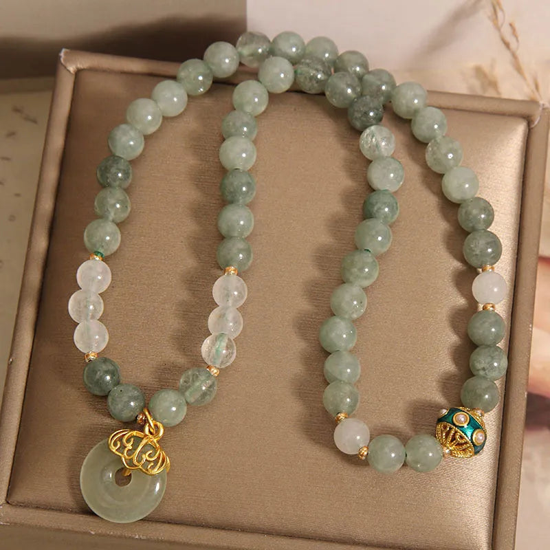 Women's double-layer aventurine jade bracelet with crystal accents and peace buckle safety clasp
