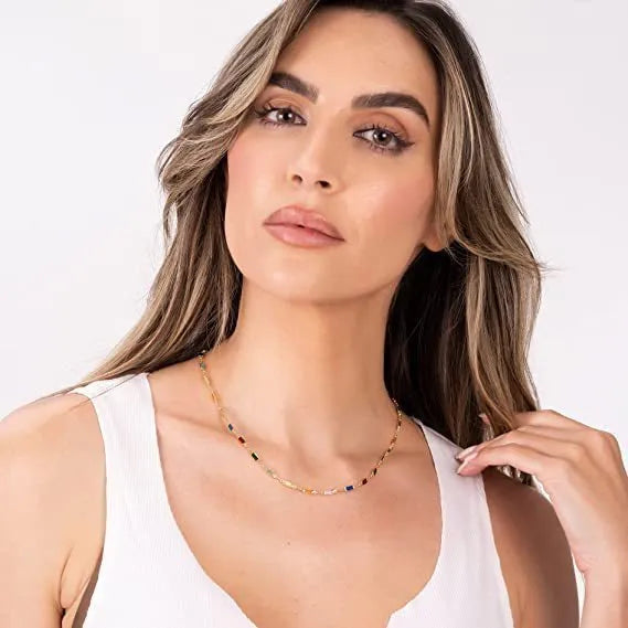 Geometric ladies alloy necklace with coloured glass pendant on a 41-50cm chain.