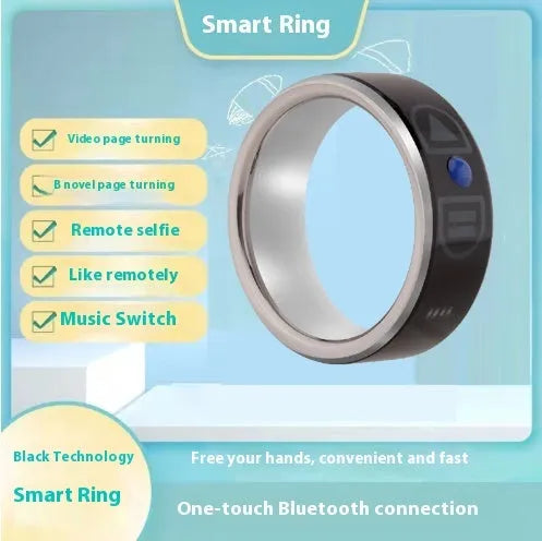 Smart Bluetooth ring wearable device in black, compatible with iPhone and Android, with page turning and music control features