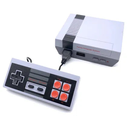 NES 8-bit retro game console with two controllers and AV cable on packaging