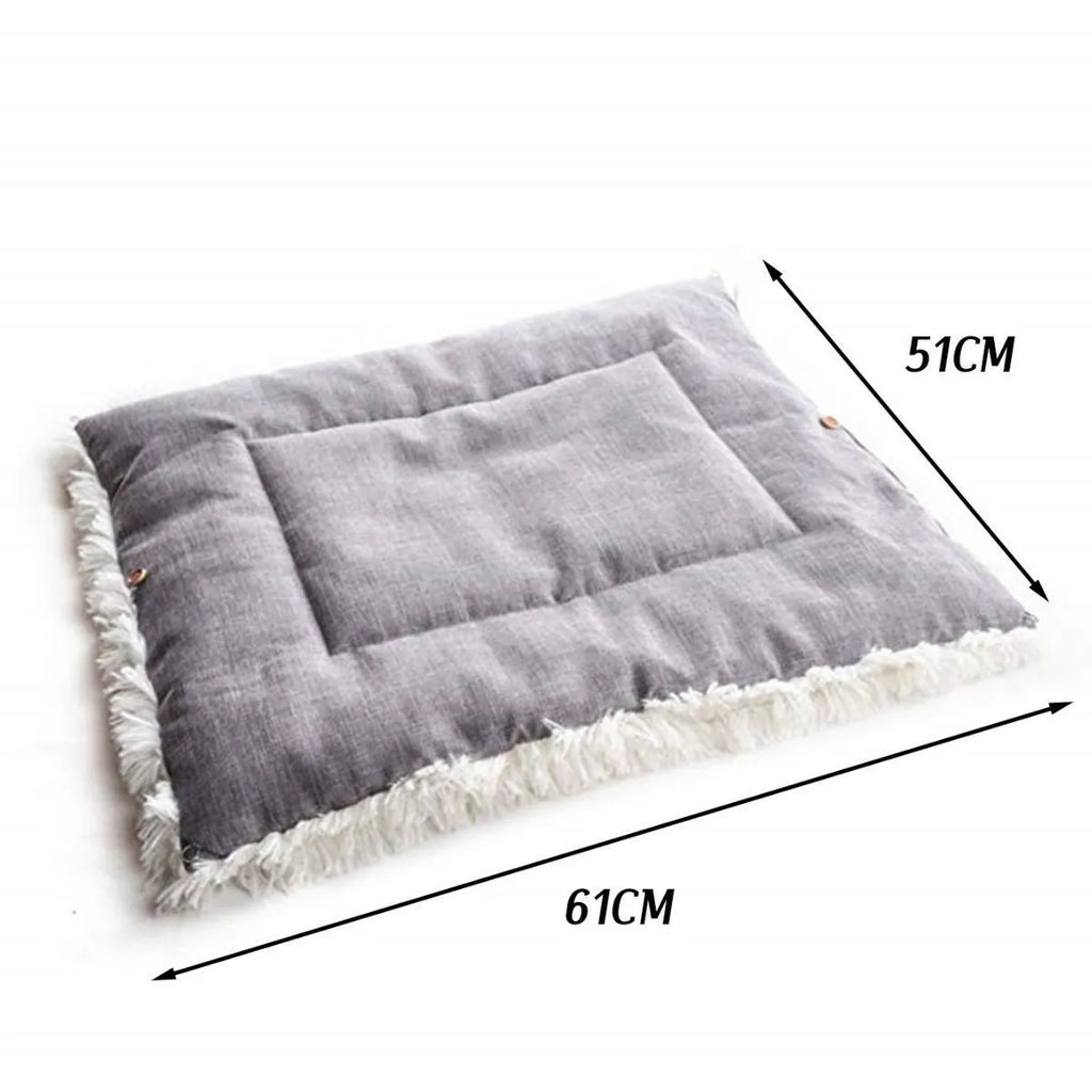 Grey and white pet blanket nest with long plush surface and black non-slip bottom