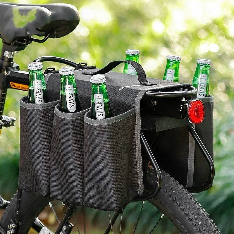 Black and blue orange bicycle double-sided drink storage bag with 2L capacity mounted on a bike rack.