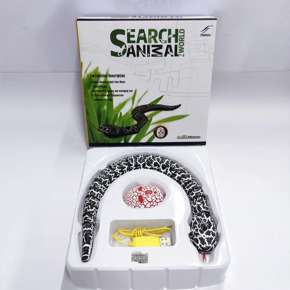 Smart sensing interactive snake cat toy with segmented plastic body and USB charging