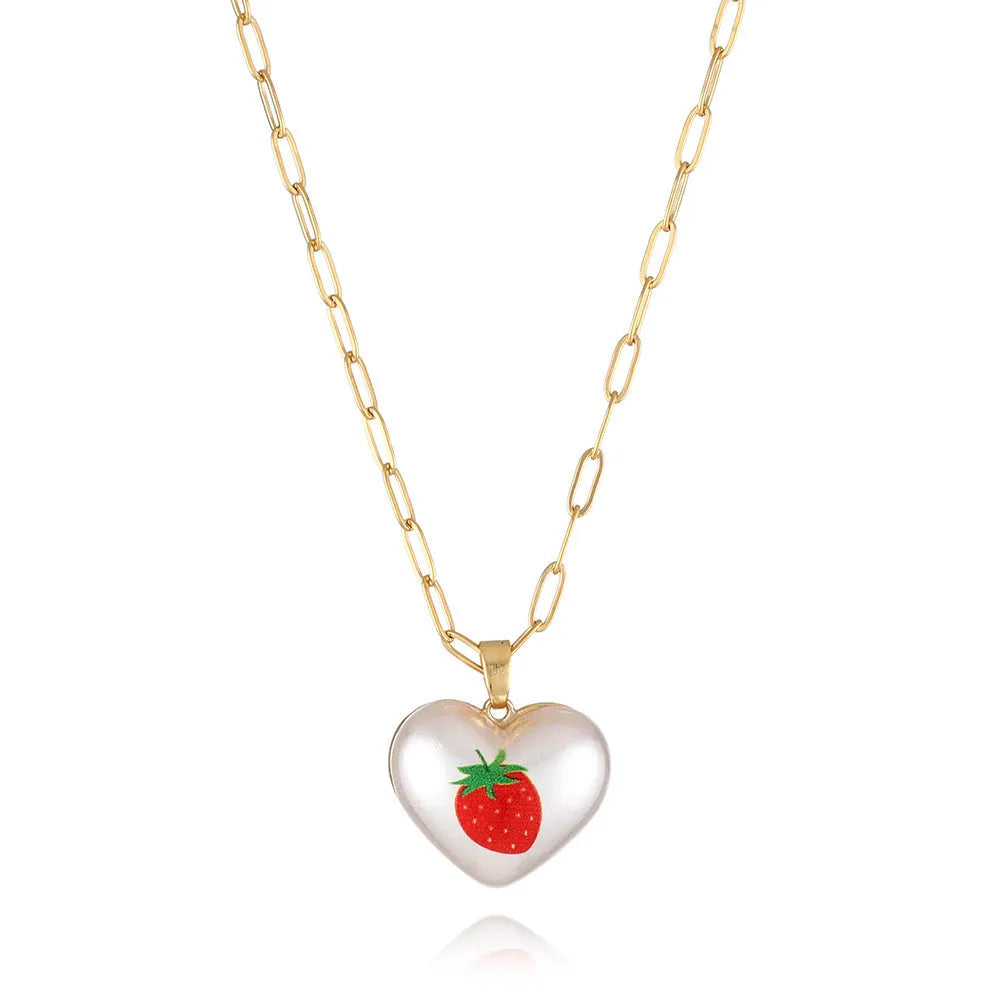 Adjustable necklace with heart charm and fruit pendant on 21-50cm chain