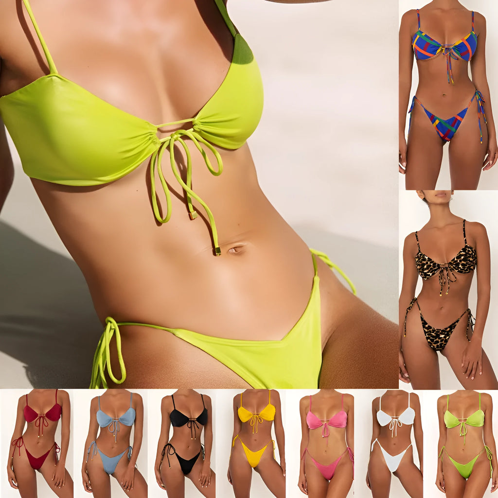 Nylon glossy bikini set in solid colour with drawstring waist and triangle top, available in multiple sizes and colours