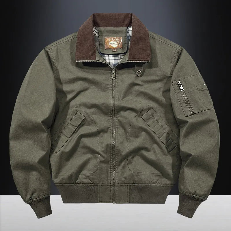 Men's beige washed cotton baseball jacket shown on a model, plus sizes up to 5XL.
