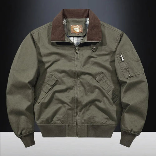 Men's casual washed cotton flight jacket in army green colour