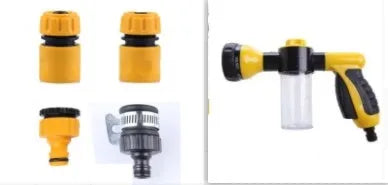 Green high-pressure foam spray gun with adjustable nozzle and attached water hose for car and garden cleaning.