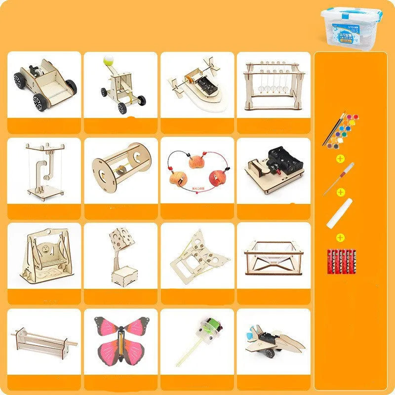 Physical science and technology small production kit with 16 wooden pieces, paint, screwdriver, glue and batteries for kids aged 7-14