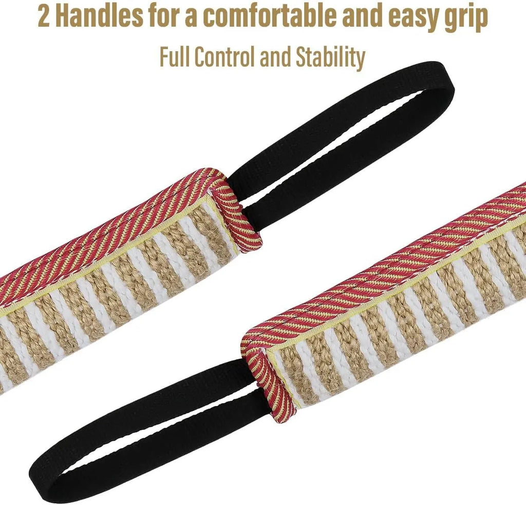 Beige jute dog tug toy with two fabric handles on a grey background.
