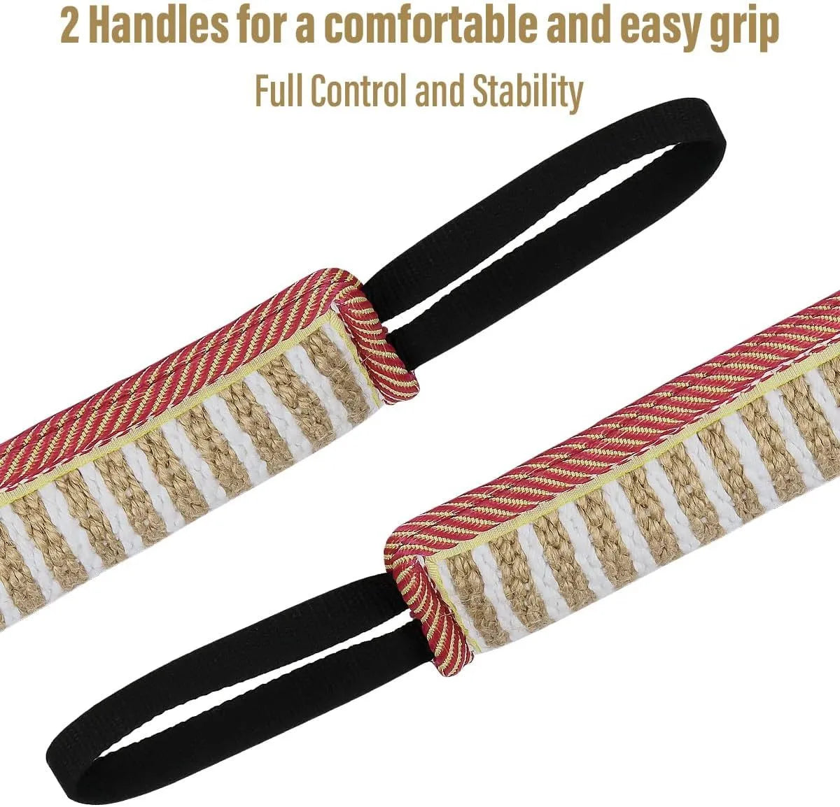 Beige jute dog tug toy with two fabric handles on a grey background.