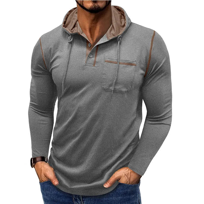 Men's long-sleeved hooded Henley T-shirt in cotton blend, pullover outdoor top
