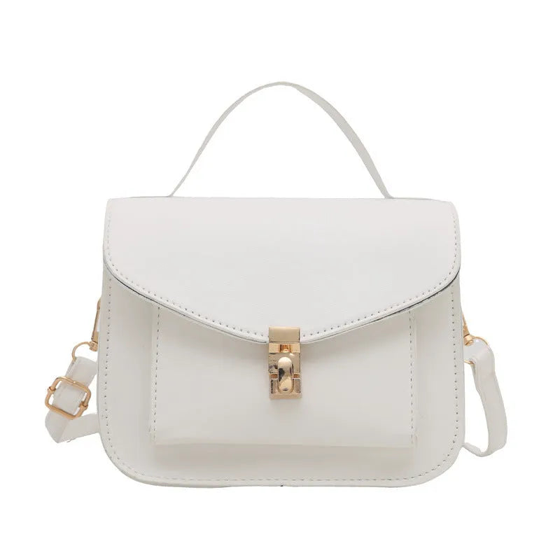 Horizontal square PU leather messenger bag in urban style with crossbody strap and sewing line detail.
