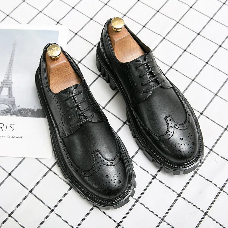 Men's black and brown brogue business shoes with round toe and PU leather upper