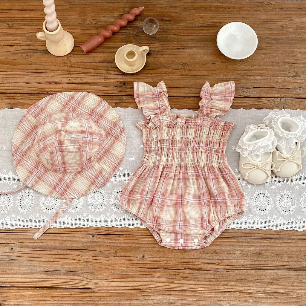 Baby girl plaid cotton onesie in purple or pink with free hat, thin summer triangle jumpsuit, sizes 66cm to 90cm
