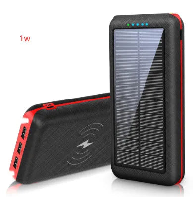 Solar power bank with wireless charging surface, three USB ports, and LED flashlight in black colour