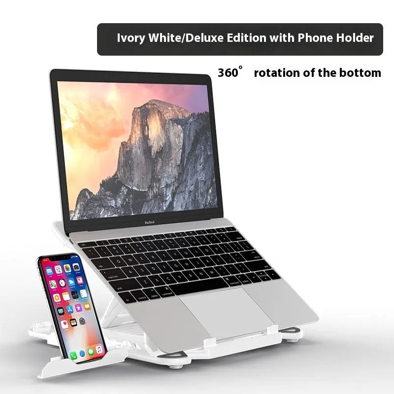 Black ABS plastic laptop cooling bracket with integrated strap phone holder on a desk.
