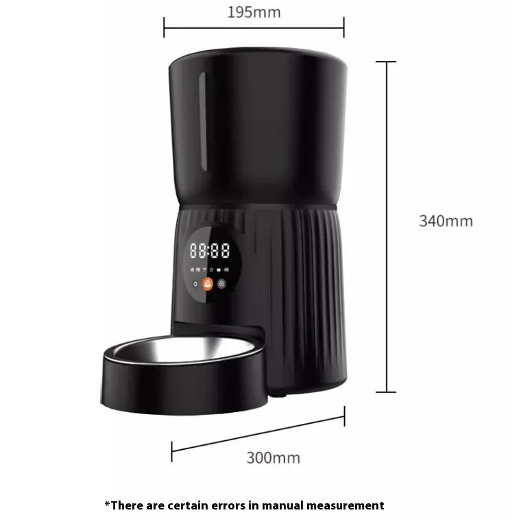 Black automatic pet feeder with digital timer display and food hopper.