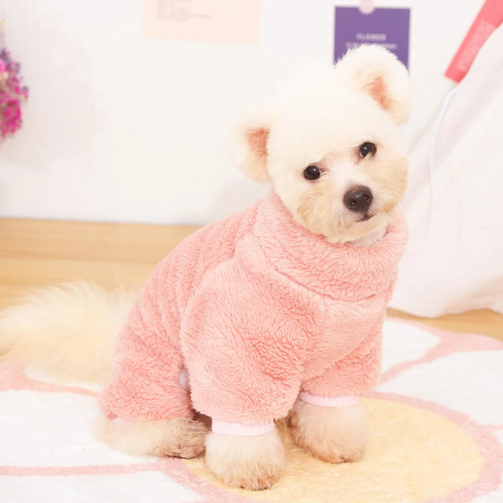 Four-legged dog clothing in thick plush fleece with high collar and towing ring in blue colour