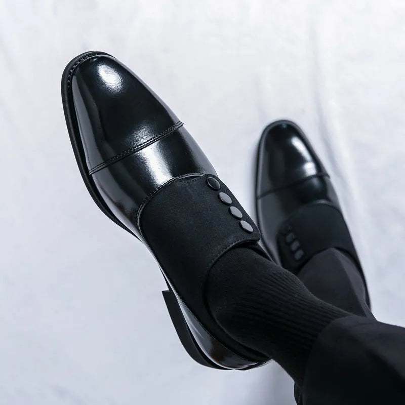 Men's low top pointed round toe button leather slip-on shoes, black, size 40, with rubber sole