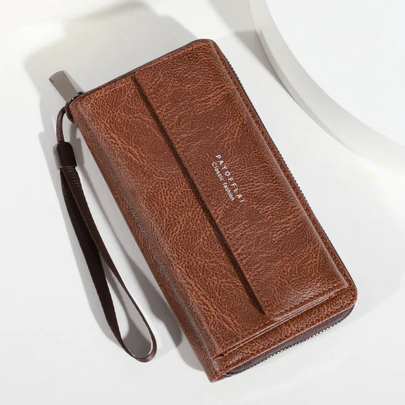 Men's black PU leather wallet with multiple card slots, shown open to display interior.