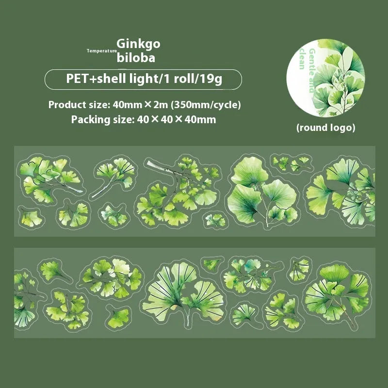 Decorative sticker roll with six natural leaf designs including ginkgo and maple patterns for hand accounts