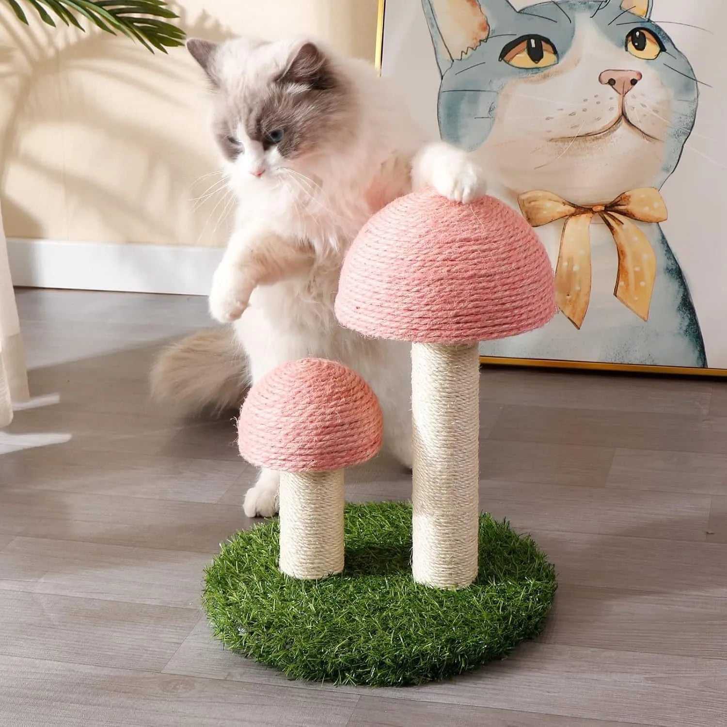 Pink mushroom-shaped cat scratching post with natural sisal caps for kittens and small cats