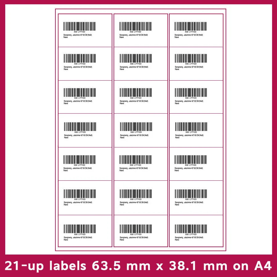 Pack of blank A4 FBA label paper sheets showing different grid cut options for barcode printing.