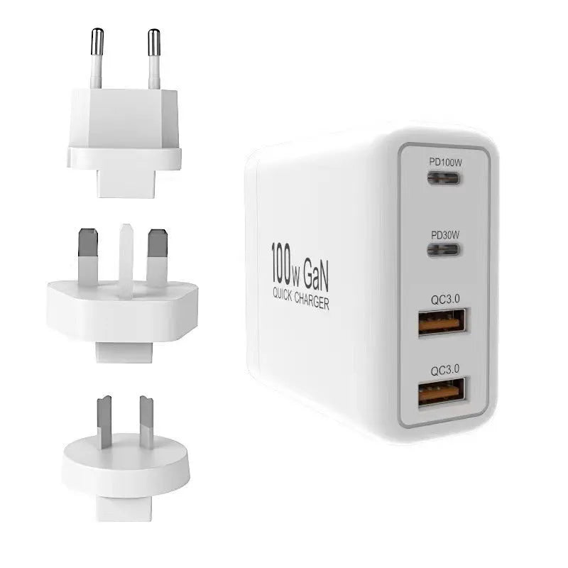 White 100W gallium nitride wall charger with Type-C and USB output, 20V5A max