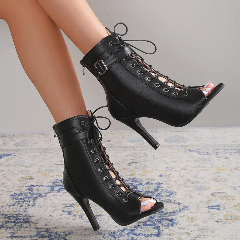 Women's black PU peep toe high heel pumps with lace-up buckle front and back zipper