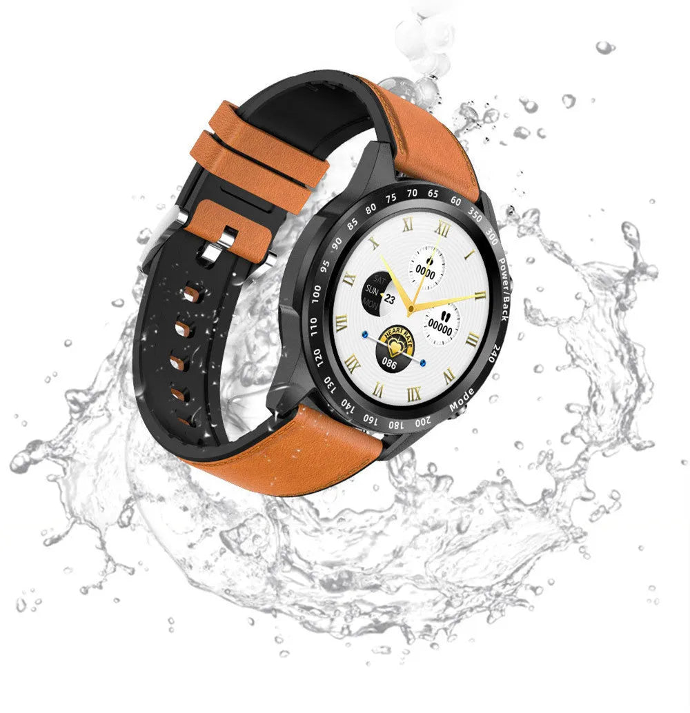 Black smart watch with zinc alloy case and leather strap showing 1.3-inch screen displaying heart rate data.