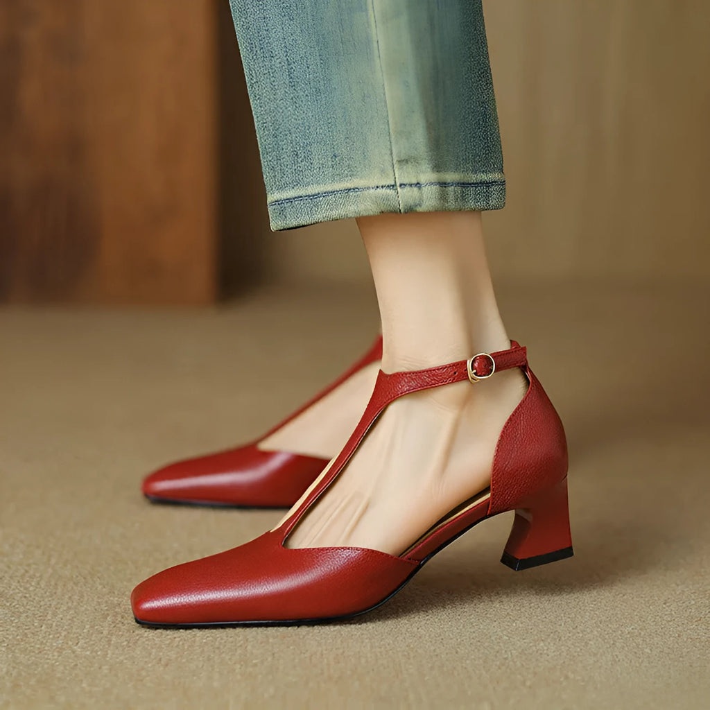 Wine red sheepskin leather high heel shoes with square toe and chunky retro heel, showing buckle fastening