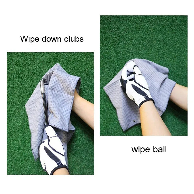 Waffle weave pineapple lattice golf ball cleaning cloth towel in assorted colours on a green.