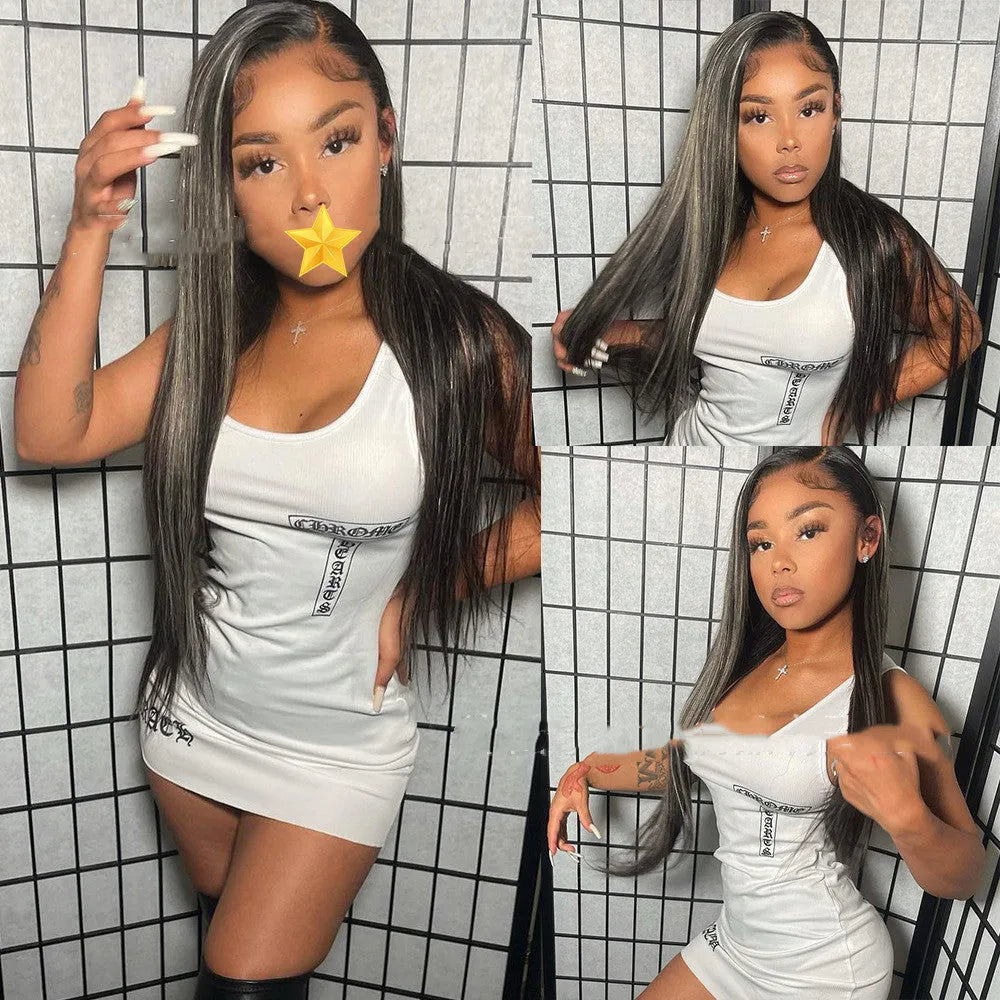 Piano color highlight P1bGrey straight human hair wig on a stand, showing natural texture and lace base