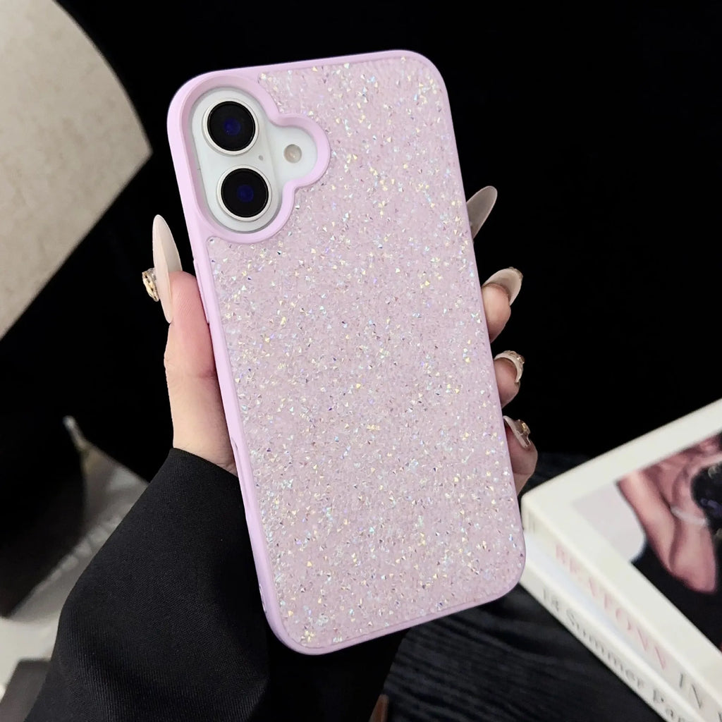 Skin Feeling Carbink iPhone 14 Pro phone case with large hole, soft edge, hard shell, and rhinestones in pink