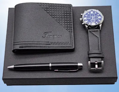 Creative holiday gift set featuring a wallet, pen, and watch inside a modern simplicity style gift box.