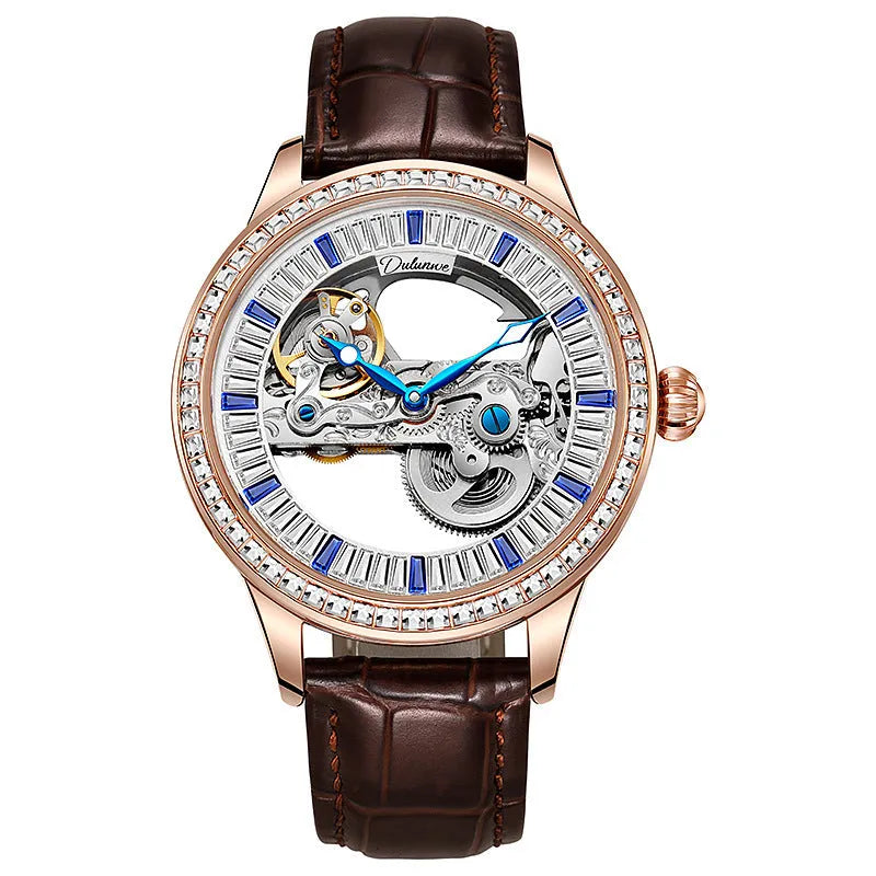 Men's rose gold stainless steel waterproof mechanical watch with transparent case back on wrist.