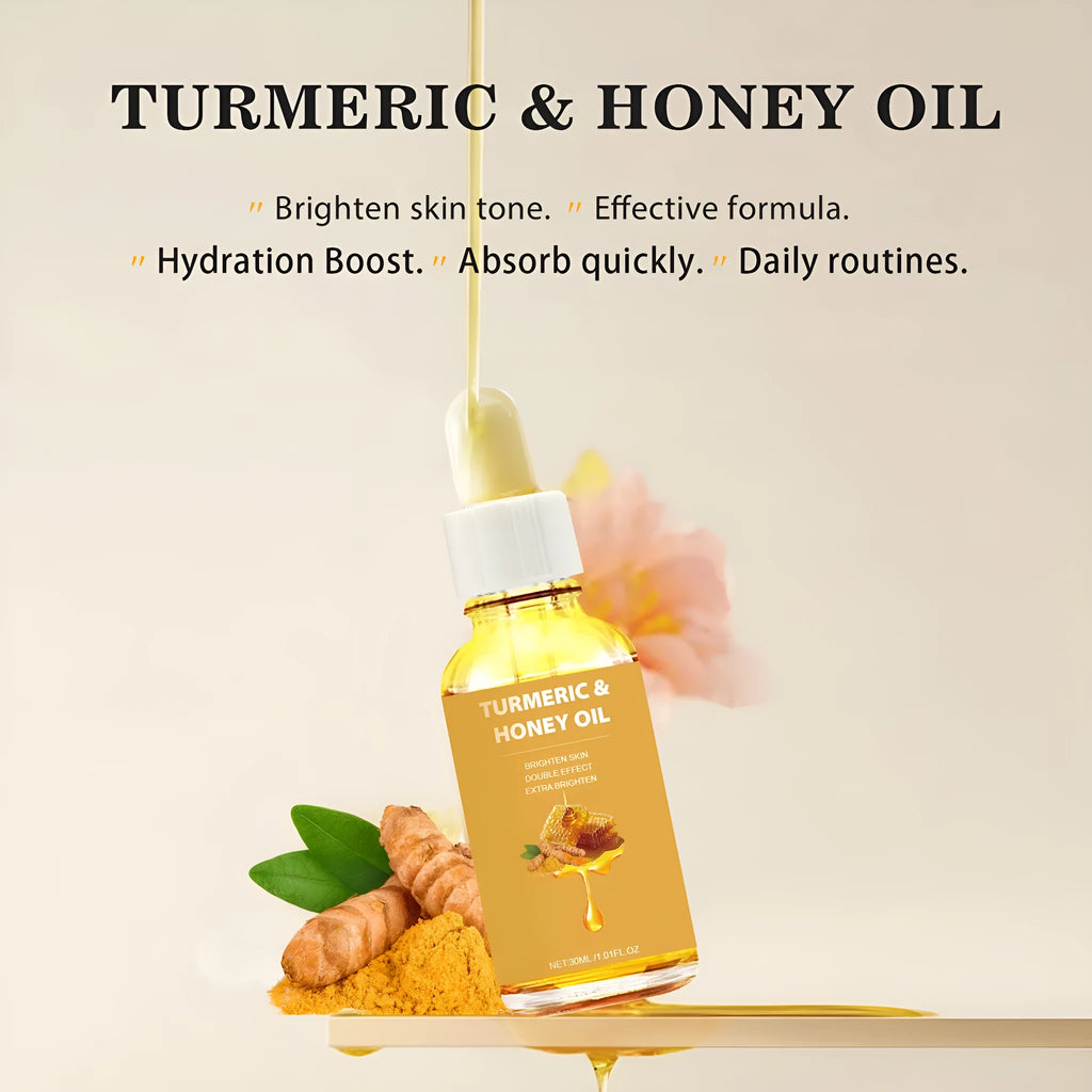 30ml amber glass bottle of turmeric honey essential oil with dropper for facial application