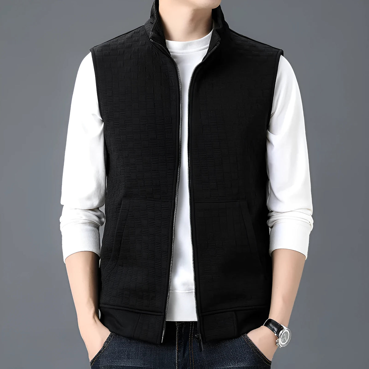 Polyester blend sleeveless waistcoat vest in black, brown, khaki or grey colours
