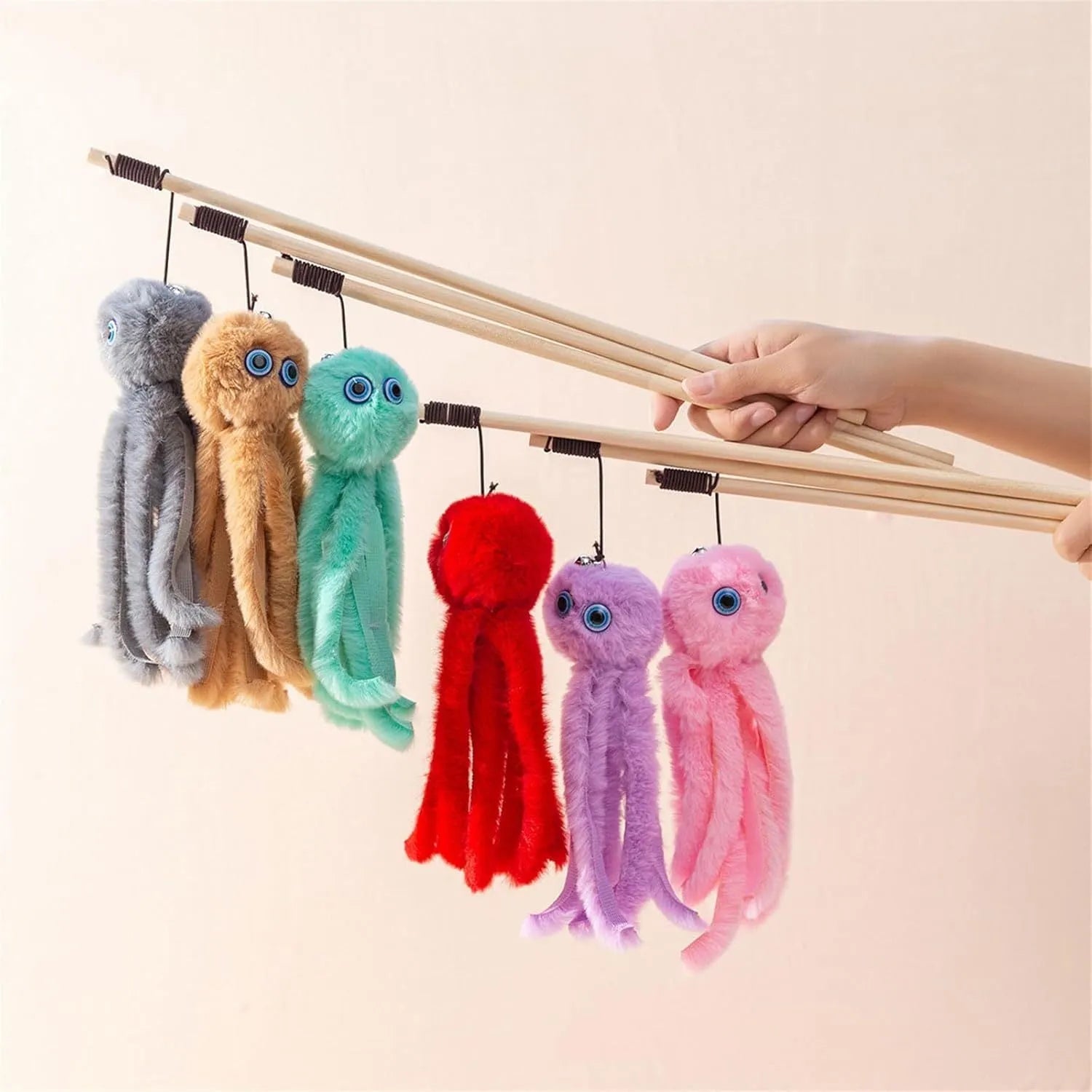 Octopus cat toy on 40cm stick in bright colours for indoor feline entertainment
