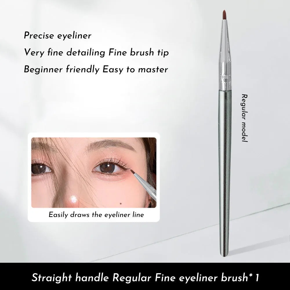 Close-up of a bent head eyeliner brush with a 45-degree angle and flat synthetic bristles for detail makeup.
