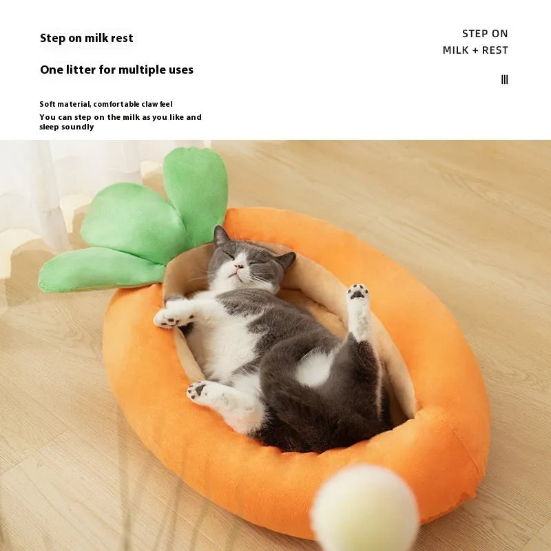 Carrot-coloured cartoon dog mat with removable cloth cover in medium and large sizes.