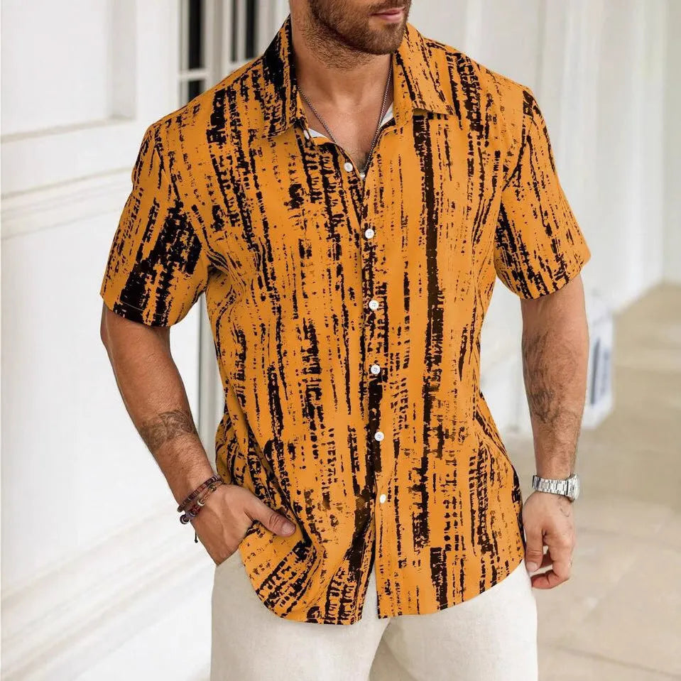 Men's short sleeve striped shirt with 3D printed pattern in lightweight polyester fabric