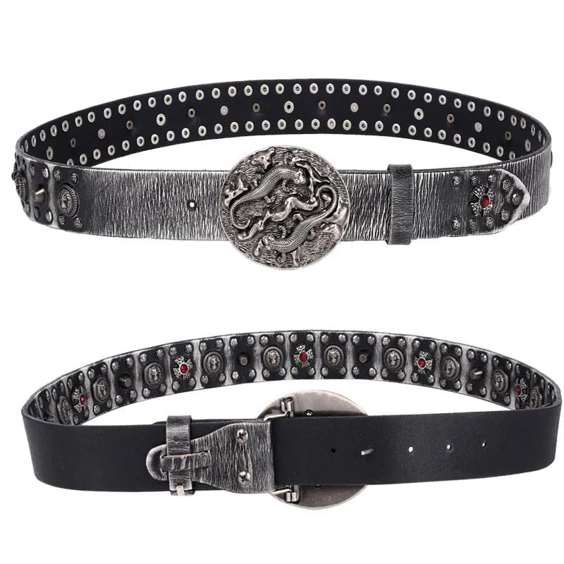 Men's black genuine leather belt with punk-style rivets and a silver alloy buckle.
