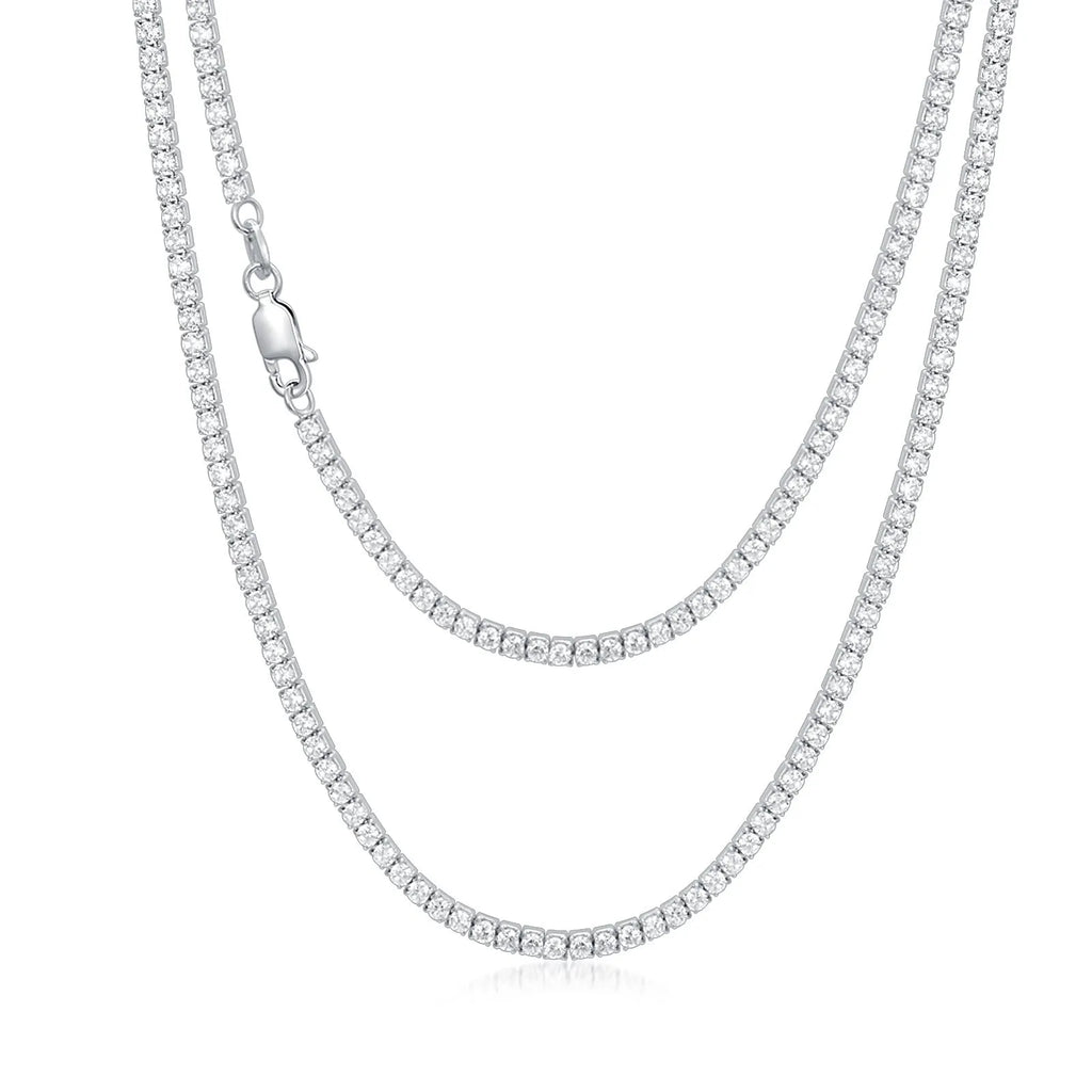 925 sterling silver tennis chain necklace with 4mm cubic zirconia stones and white gold plating on white background