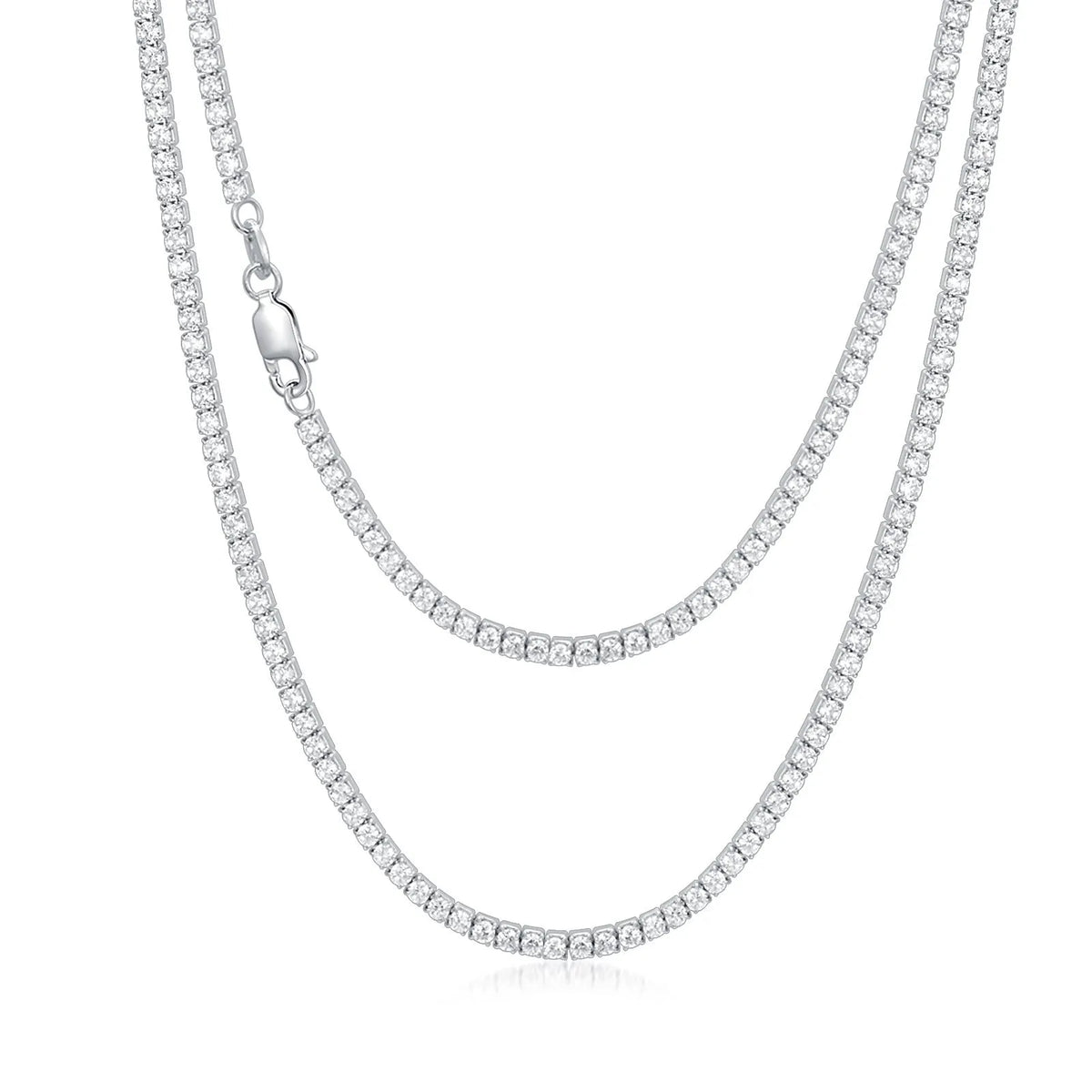 925 sterling silver tennis chain necklace with 4mm cubic zirconia stones and white gold plating on white background
