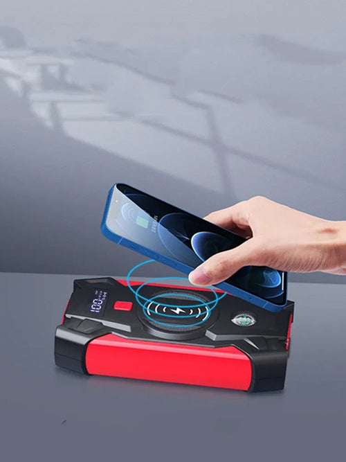 Red 12V car jump starter power bank with digital display and air compressor function